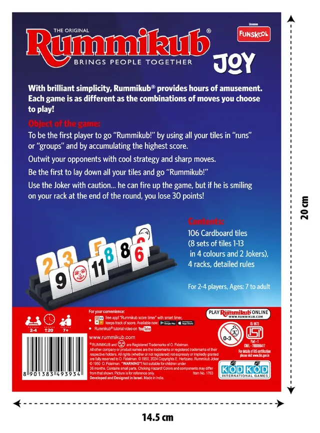 The back of the Rummikub Joy box, with the object of the game and the contents list