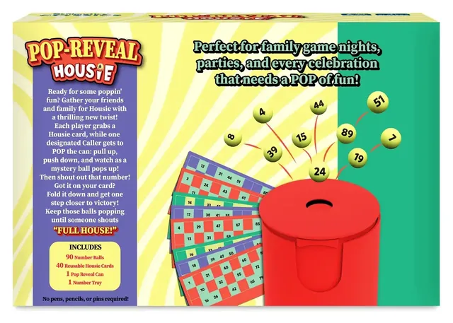 The back of the Pop-Reveal Housie box, with a short description and the contents list