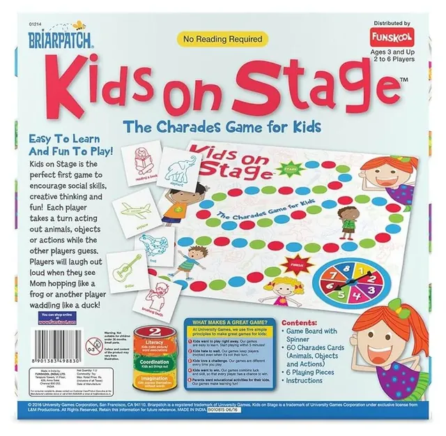 The back of the Kids On Stage box, with the board, the cards and the contents list