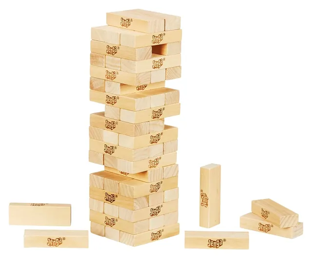 A mini Jenga tower with blocks pulled out and stacked on top