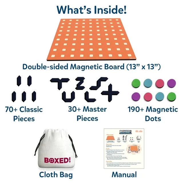 Boxed laid out: an orange 13-inch magnetic board, black classic and master pieces, dots in four colours, a cloth bag and the manual