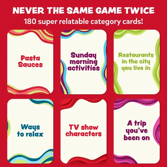 Six category cards: Pasta sauces, Sunday morning activities, Restaurants in the city you live in, Ways to relax, TV show characters and A trip you've been on