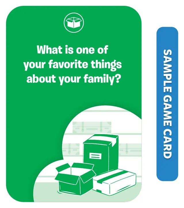 A green question card: What is one of your favorite things about your family?