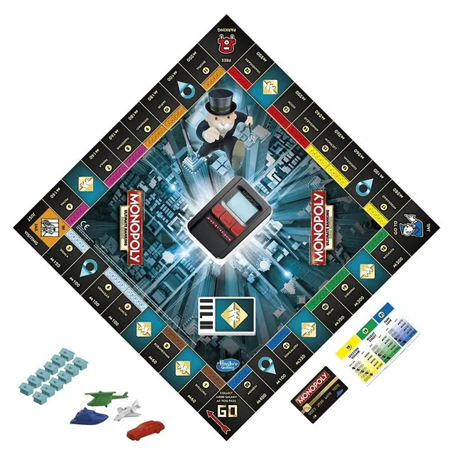 The Ultimate Banking board from above, with the banking unit in the centre and tokens and houses beside it