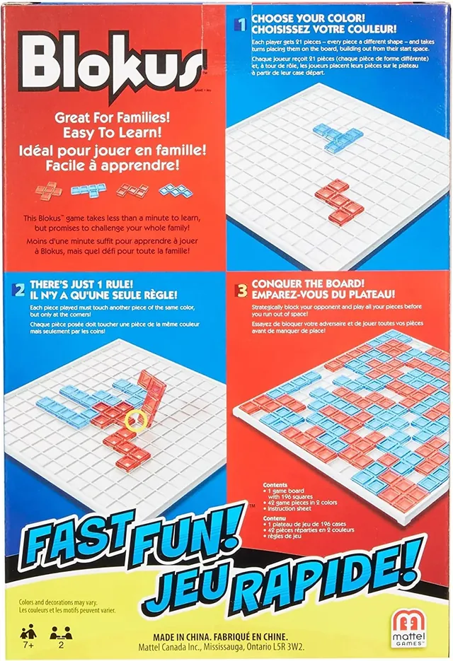 Back of the Blokus Fast Fun box with illustrated rules