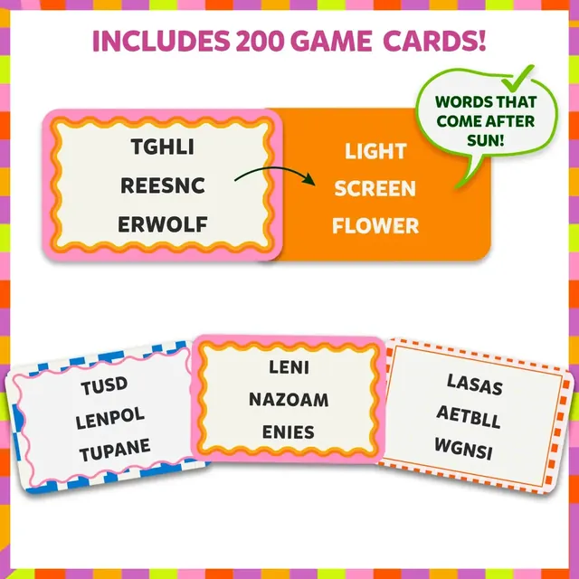 Sample cards with scrambled words and their answers, under a banner saying the box includes 200 game cards