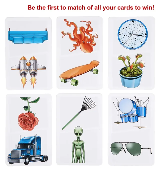 Six Pic Flip cards, each with two pictures, such as an octopus and a skateboard, or a rose and a lorry