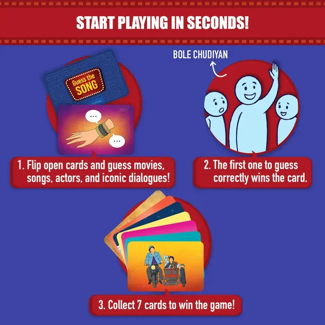 How to play: flip open cards and guess movies, songs, actors and dialogues; the first right guess wins the card; collect 7 to win