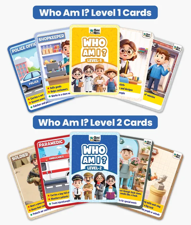 Sample Level 1 and Level 2 cards such as a police officer, a shopkeeper and a paramedic