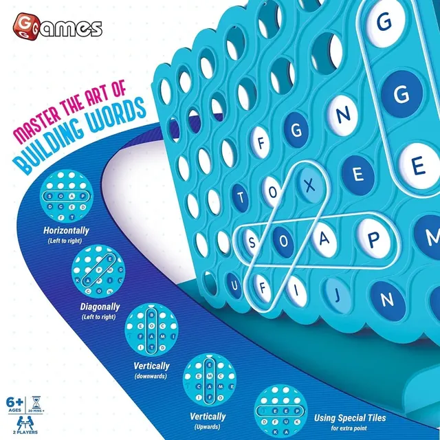 A Funskool graphic showing words read across, diagonally, down and up the grid, and the special tiles