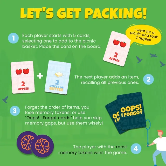 Binca's how-to-play picture: each player starts with 5 cards and adds one item to the basket each turn