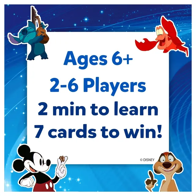 Panel reading Ages 6+, 2-6 players, 2 minutes to learn and 7 cards to win, with Stitch, Sebastian, Mickey Mouse and Timon