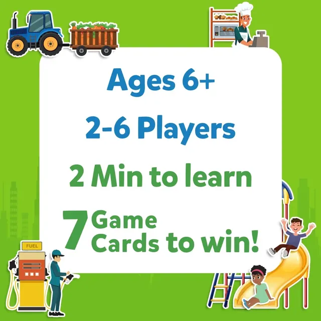Panel reading ages 6+, 2-6 players, 2 minutes to learn and 7 game cards to win