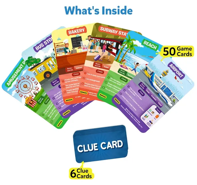Place game cards fanned out, with a blue clue card