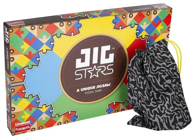 The Jig Stars box with its black and grey drawstring bag in front