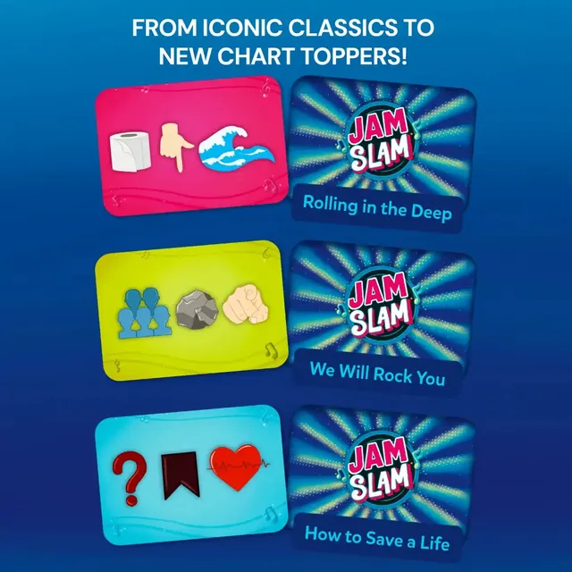 Three emoji cards with their songs: Rolling in the Deep, We Will Rock You and How to Save a Life