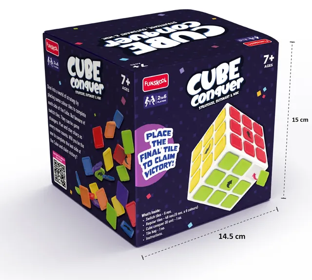 The Cube Conquer box from another side, with size marks of 14.5 cm and 15 cm