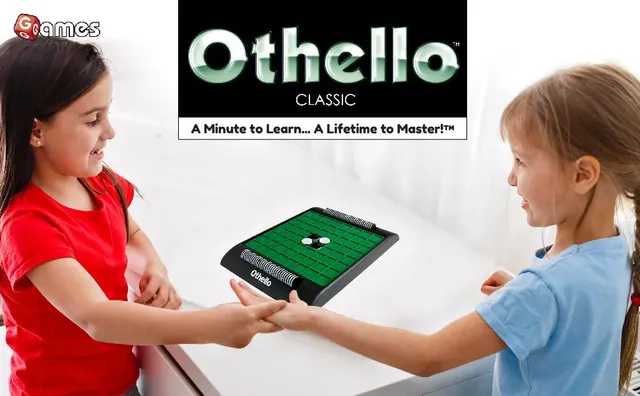 Two girls playing Othello across a white table