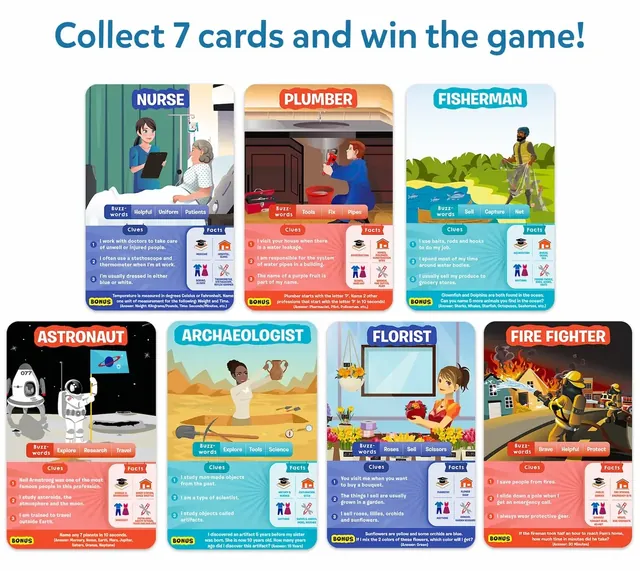 Seven profession cards: nurse, plumber, fisherman, astronaut, archaeologist, florist and firefighter