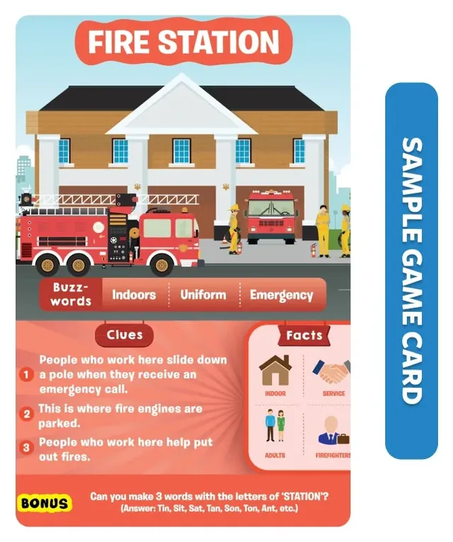 The fire station game card: buzzwords, three clues, facts and a bonus question