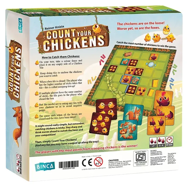 The Count Your Chickens box back with the rules, a board picture and the line 'Made in India'