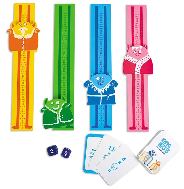 Four coloured rulers with a monster on each, two blue number dice and the puzzle cards