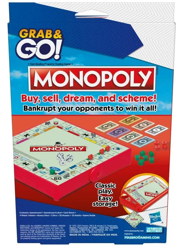 The back of the Monopoly Grab & Go box, with the board, the contents list and the words Made in India