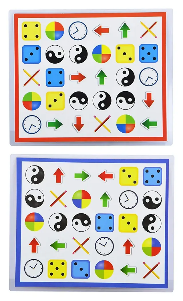Two finished puzzle grids of picture tiles with dice, clocks, arrows and yin-yang symbols