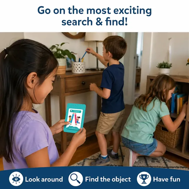 Three children searching a living room for things on a clue card