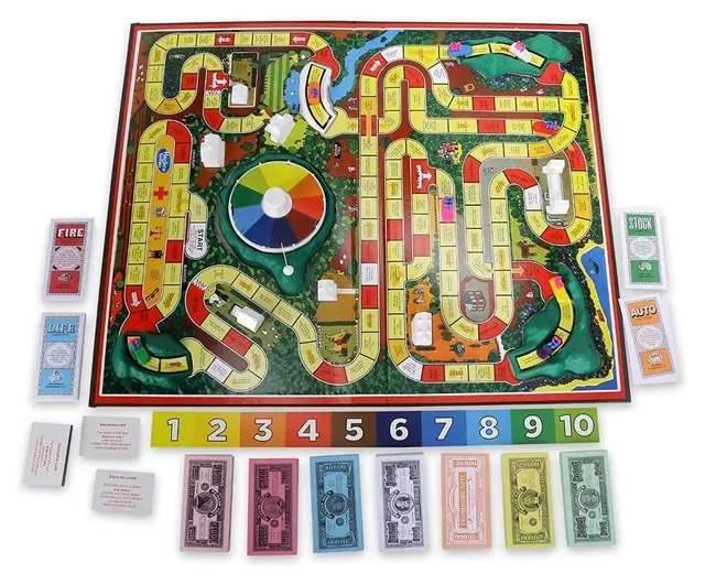 The 3-D board with its spinner, the numbered strip, insurance policies, share certificates and play money