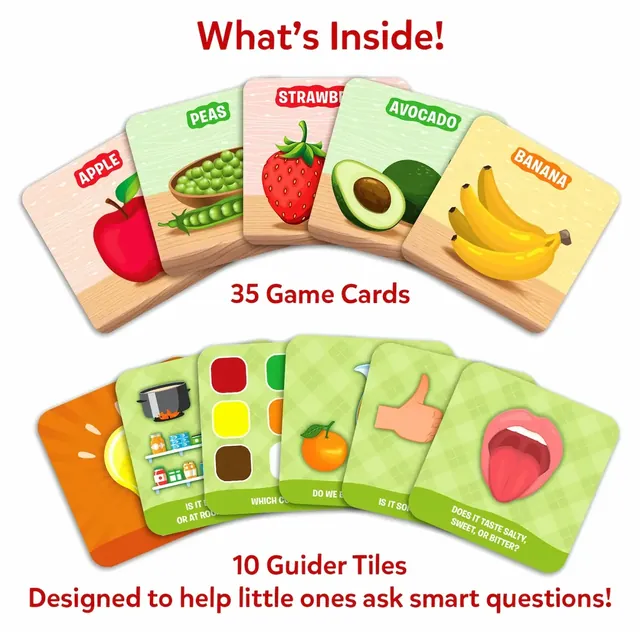 35 food game cards, among them an apple, peas, a strawberry, an avocado and bananas, and 10 picture guider tiles