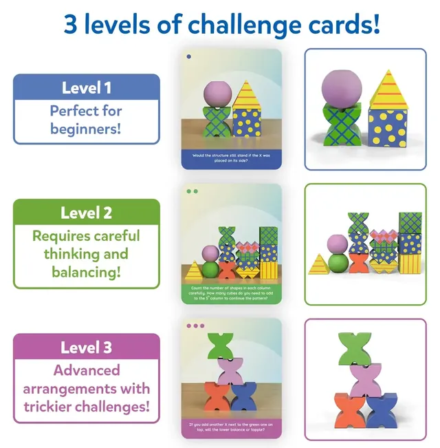 Three levels of challenge cards: perfect for beginners, careful thinking and balancing, and trickier arrangements