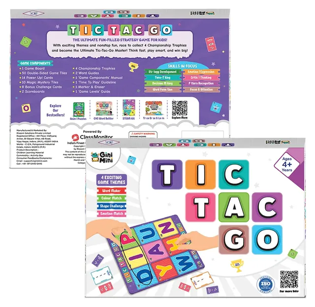 The back of the Tic-Tac-Go box with its list of game components, partly behind the box front