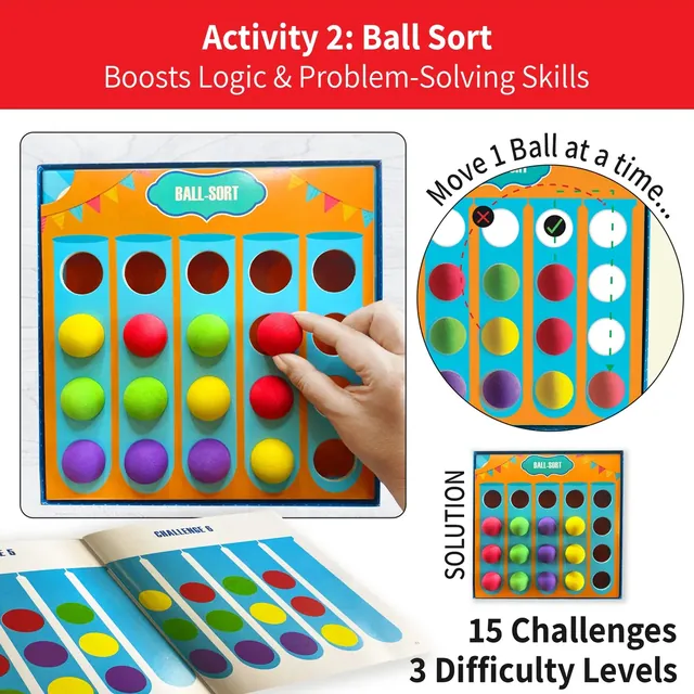 Activity 2, Ball Sort: move one ball at a time until each column holds one colour, with 15 challenges in 3 levels