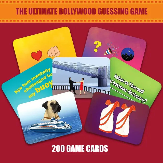 Gouda Games graphic of six colourful clue cards over the words '200 game cards'