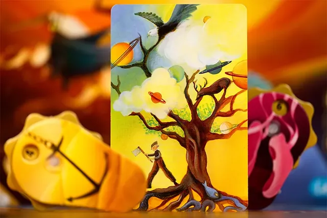 A Dixit card of a figure climbing a tree under a stormy sky