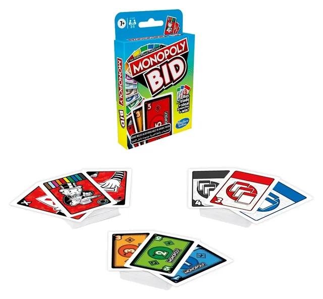 The Monopoly Bid box with fans of property, money and action cards