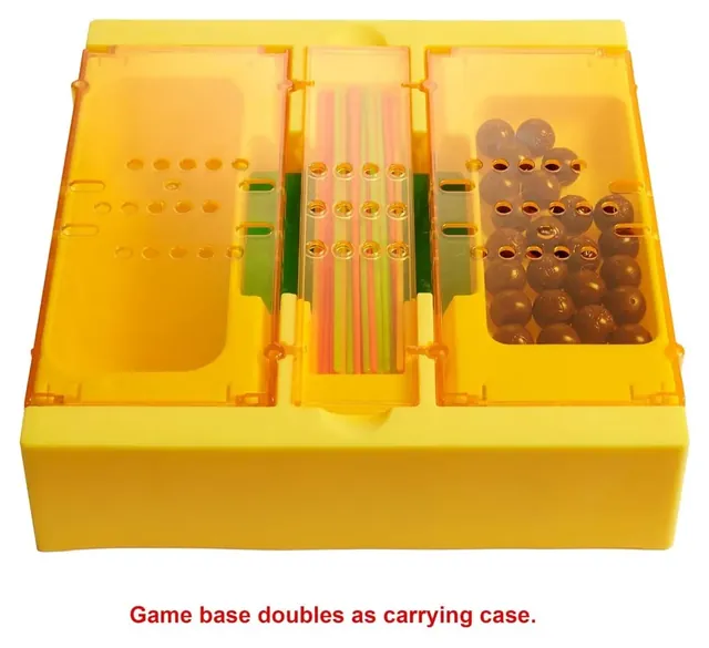 The yellow base opened out, with the sticks and monkeys packed inside its compartments