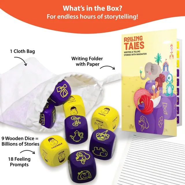 What's in the box: a cloth bag, a writing folder with paper and 9 wooden dice, three of them feelings dice