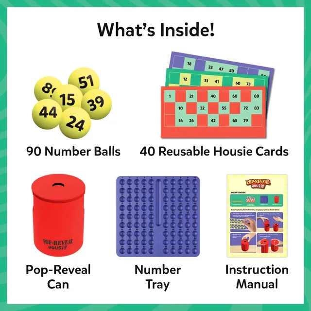 Pop-Reveal Housie laid out: yellow number balls, Housie cards, the red can, the blue number tray and the manual