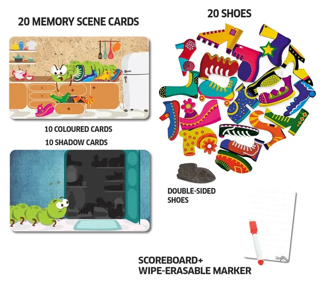 What's in the box: 20 memory scene cards, 10 coloured and 10 shadow, 20 double-sided shoes, a scoreboard and a wipe-erasable marker