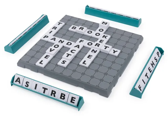 The board with crossing words such as BROOK and FOREST, and two racks of tiles