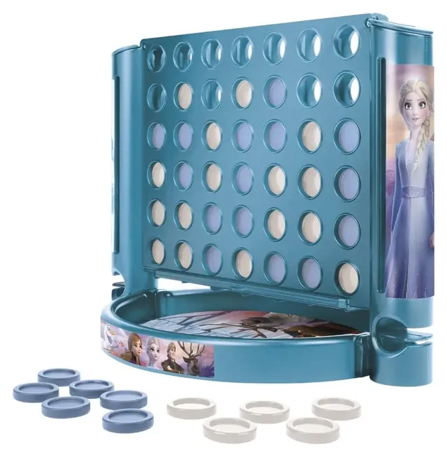 The small Connect 4 grid with Frozen 2 labels and white and blue checkers in front