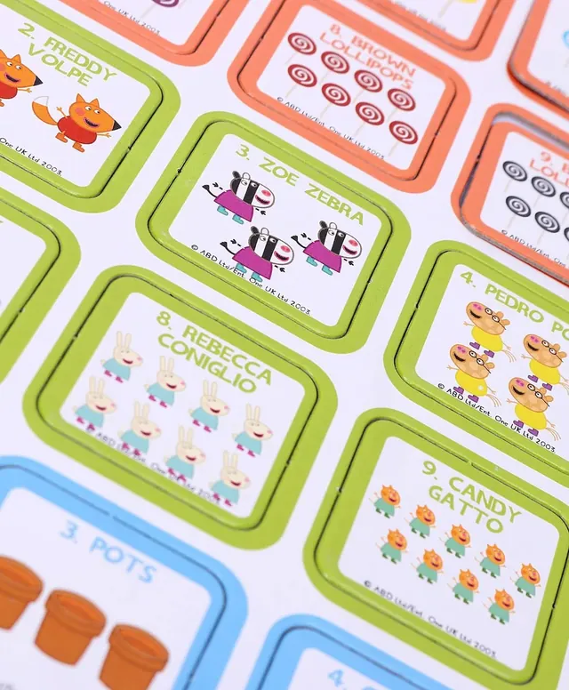 Part of a board showing Peppa's friends, such as Zoe Zebra and Pedro Pony, in numbered groups