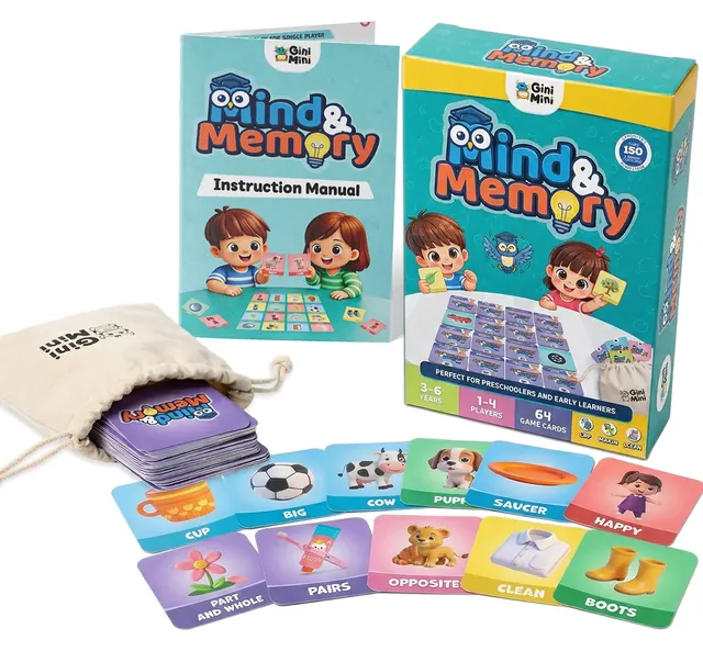 The box beside its instruction manual, a cloth carry bag and picture cards such as a cow, a puppy, a cup and a saucer