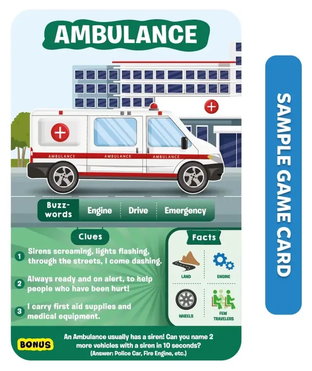 The ambulance game card: buzzwords, three clues, facts and a bonus question