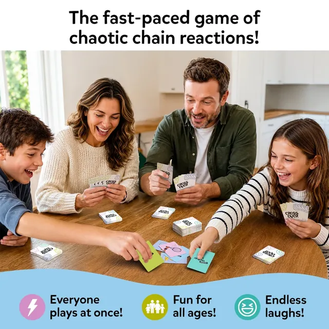 Skillmatics promotional photo of a family of four reaching for cards on a table at the same time