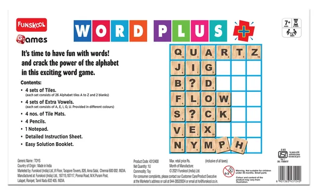 The back of the Word Plus box, with an example set of words and the contents list