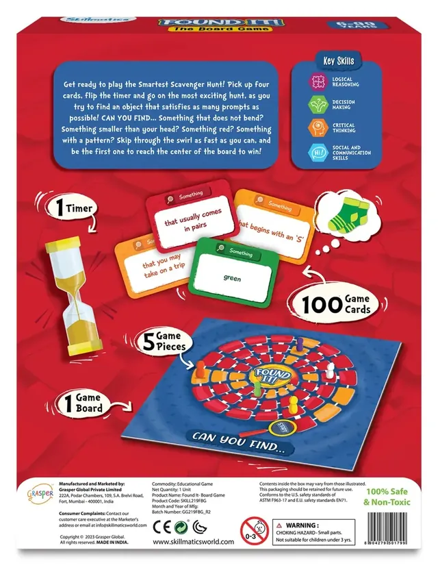 The back of Skillmatics' international Found It! box, with the game description and the contents