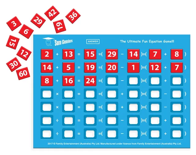 The blue Sum Genius board with seven rows of equations, three rows filled with red number tiles and more tiles scattered above